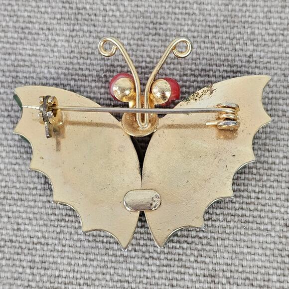 Vintage MCM Jade and coral butterfly pin goldtone brooch - Picture 3 of 5